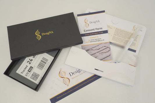 Your first delivery: the DesigNA DNA collection kit with cheek swab, consent form and prepaid tracked return envelope