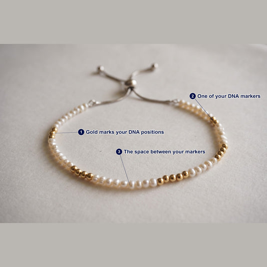 Spider Pearl and Gold DNA Profile Bracelet photographed flat, with each part of the piece labelled.
