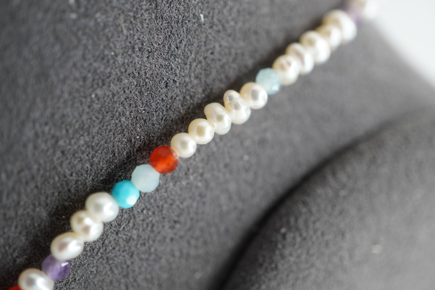 Close up of the Spider Pearl Clasp Bracelet pearls and stones