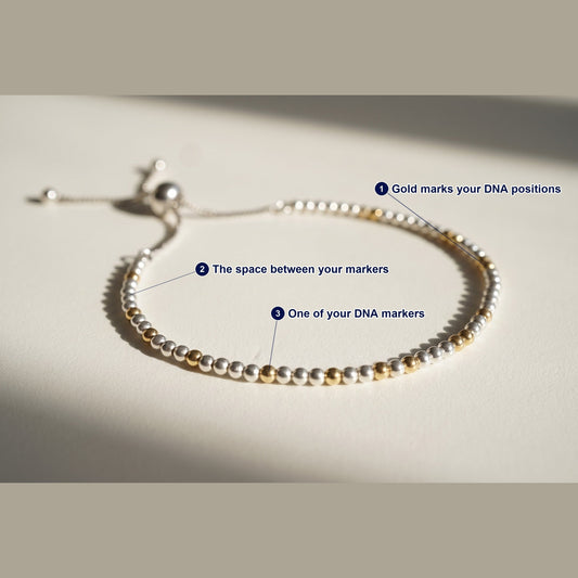 Spider Silver and Gold DNA Profile Bracelet photographed flat, with each part of the piece labelled.