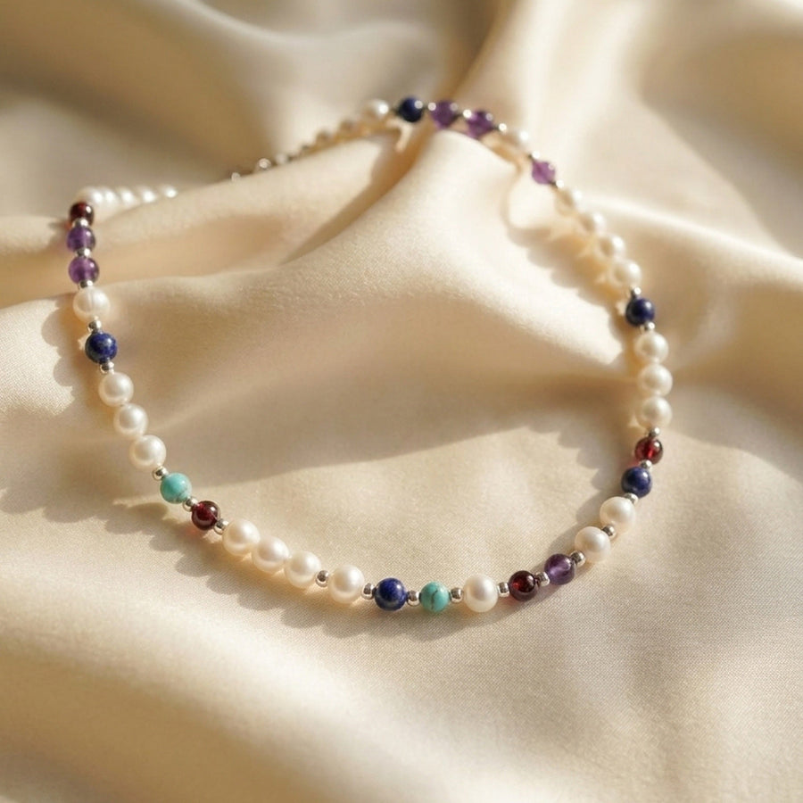 Freshwater pearl necklace with coloured DNA marker stones between 6mm pearls, by DesigNA