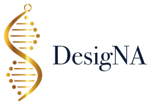 The DesigNA logo in navy and gold, the mark behind every DNA necklace