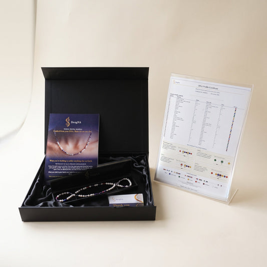 DNA jewellery County Durham: the DesigNA box open with a necklace and its certificate