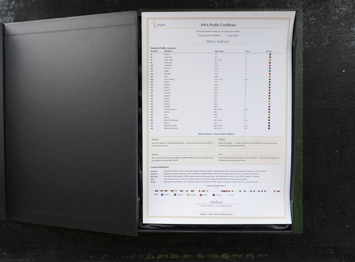 DNA profile certificate laid on top of the open DesigNA box beside the necklace