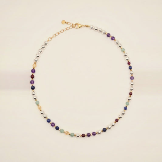 Silver Sphere Gold Accent DNA Profile Necklace, flat lay