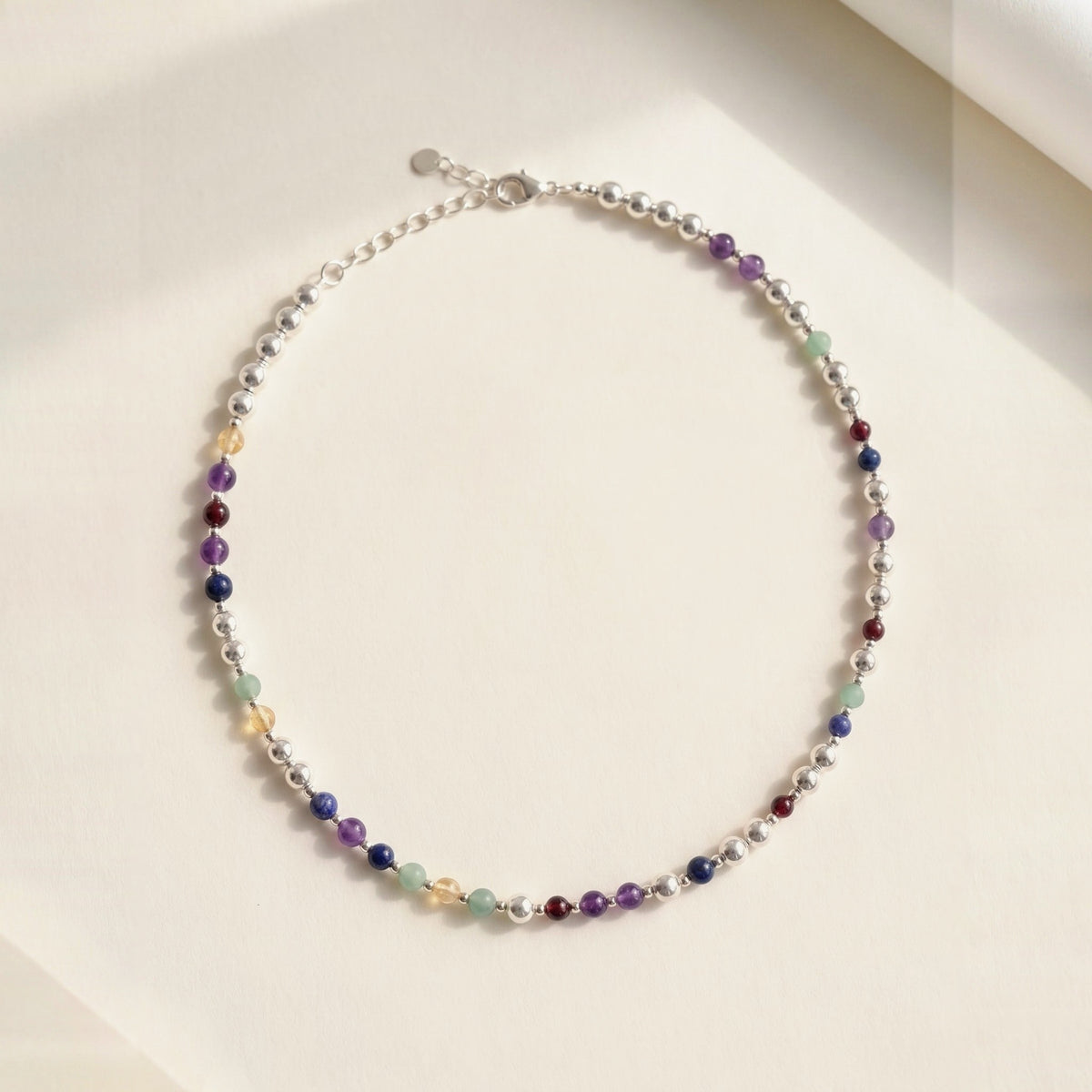Silver Sphere DNA Profile Necklace, flat lay