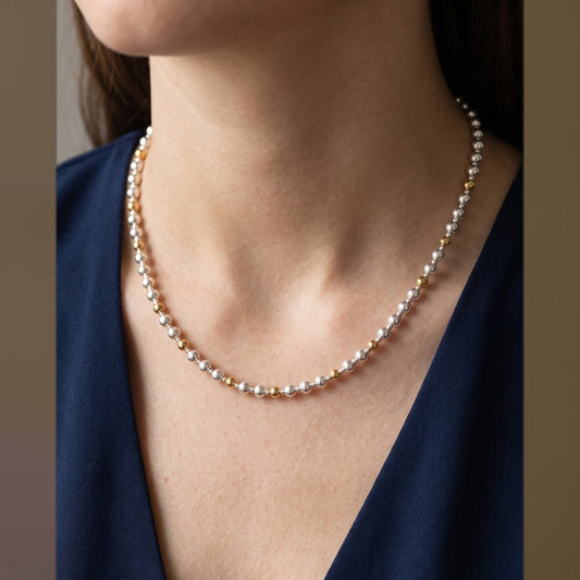 Silver and Gold Pattern DNA Profile Necklace, worn