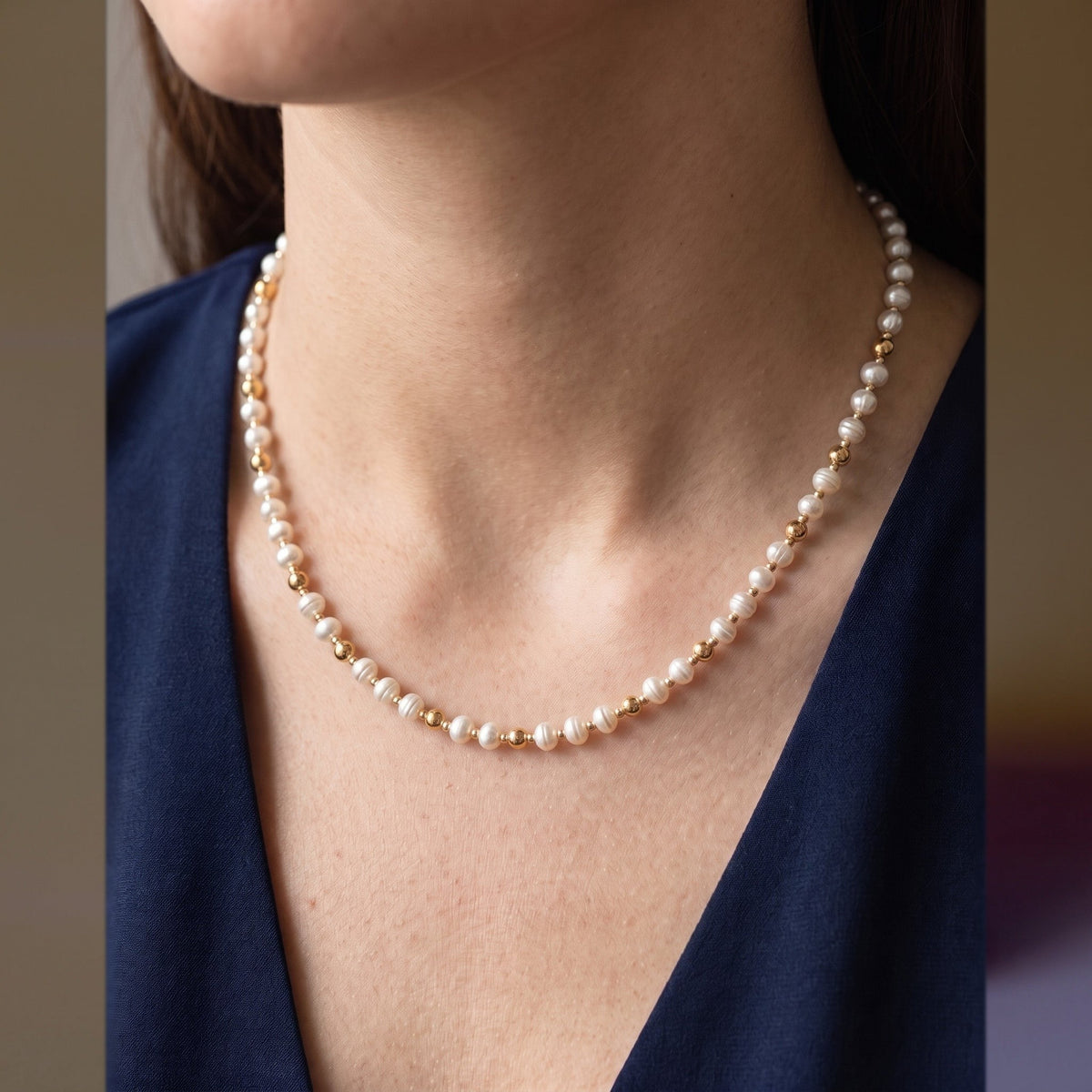 Pearl and Gold Pattern DNA Profile Necklace, worn