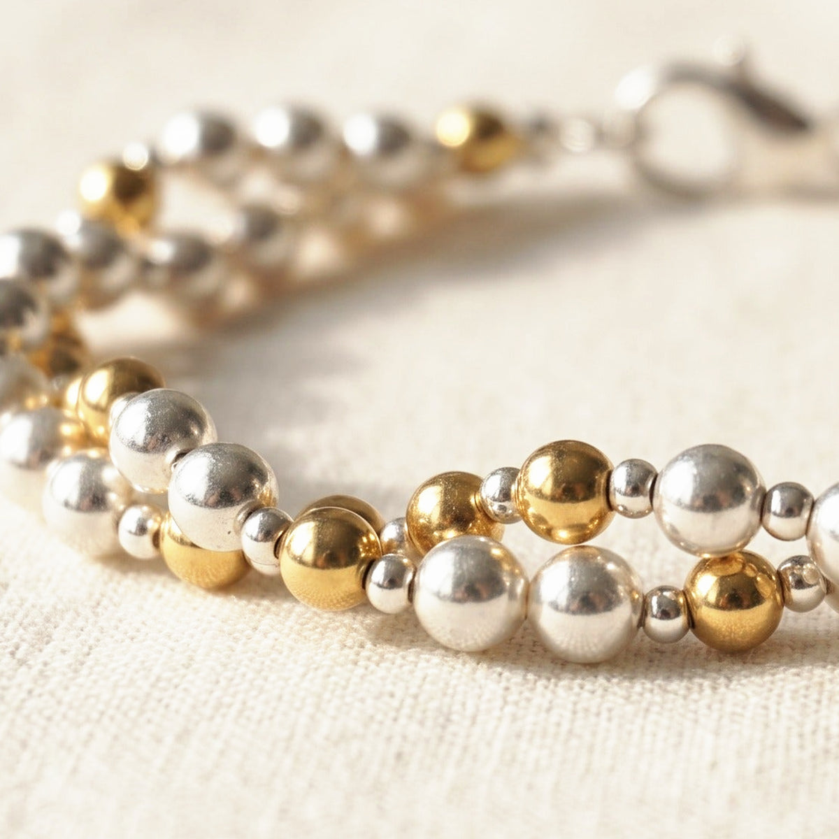 Twisted Silver and Gold DNA Profile Bracelet, close up of the strand