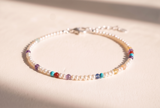 Pearl Clasp DNA Profile Bracelet, fine freshwater pearls with gemstone markers, lobster clasp and extension chain