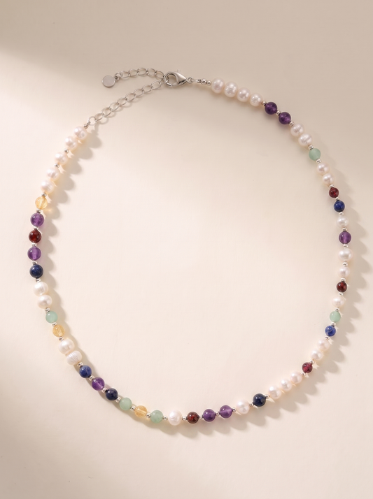 Pearl DNA Profile Necklace, gemstone markers set along a strand of freshwater pearls