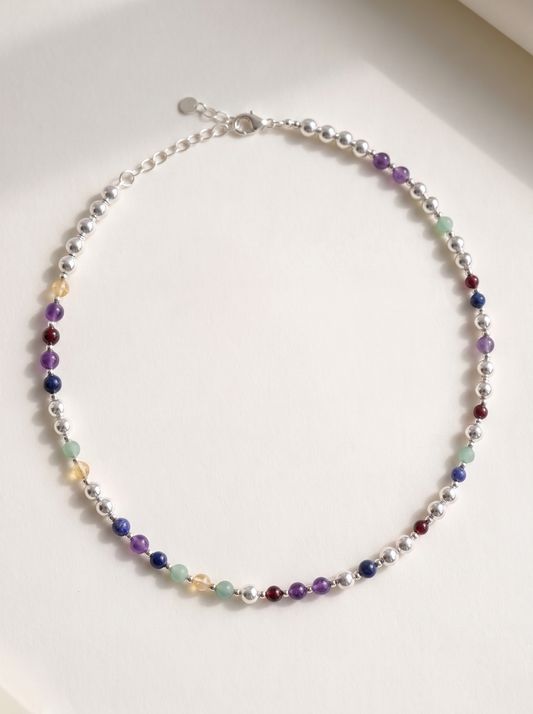Silver Sphere DNA Profile Necklace laid flat, sterling silver spheres with gemstone markers set along the strand in DNA order