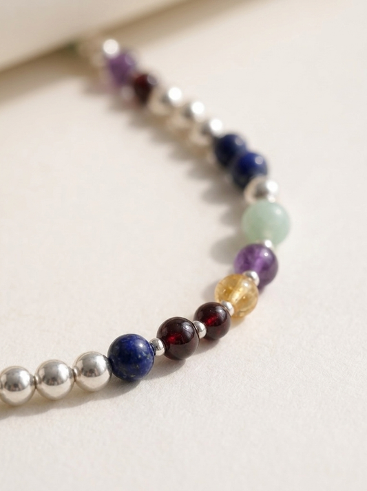 Close macro of the Silver Sphere DNA Profile Necklace, lapis lazuli, garnet, citrine, amethyst and amazonite markers set between polished sterling silver spheres
