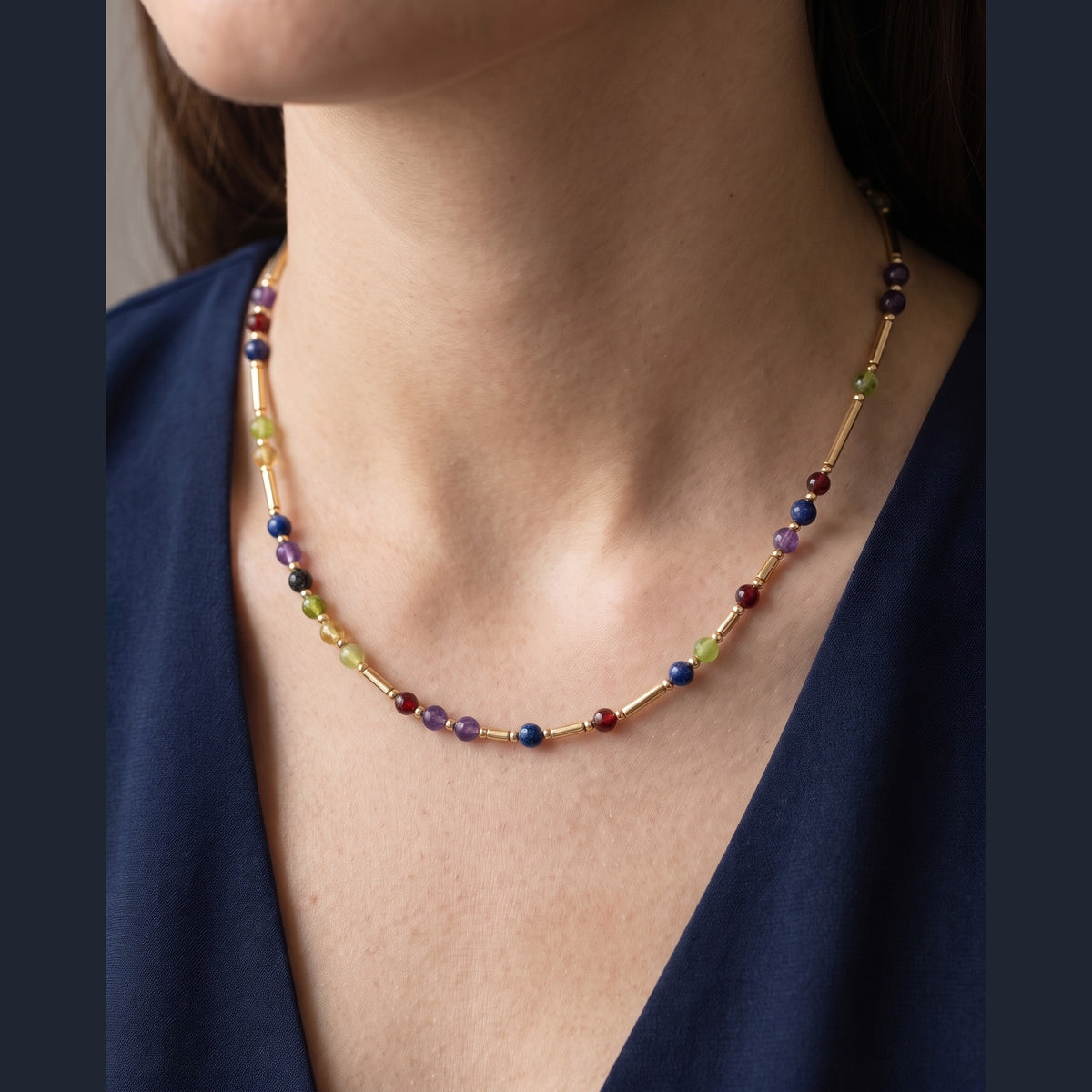 Gold DNA Profile Necklace worn on the neck