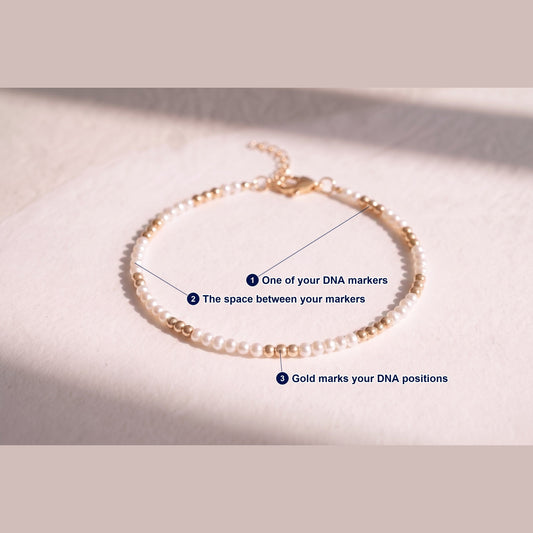 Pearl and Gold Clasp DNA Profile Bracelet photographed flat, with each part of the piece labelled.