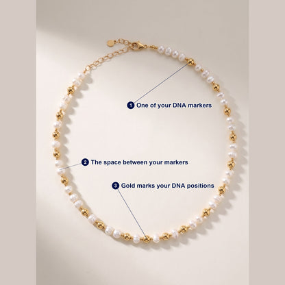 Pearl and Gold Pattern DNA Profile Necklace photographed flat, with each part of the piece labelled.