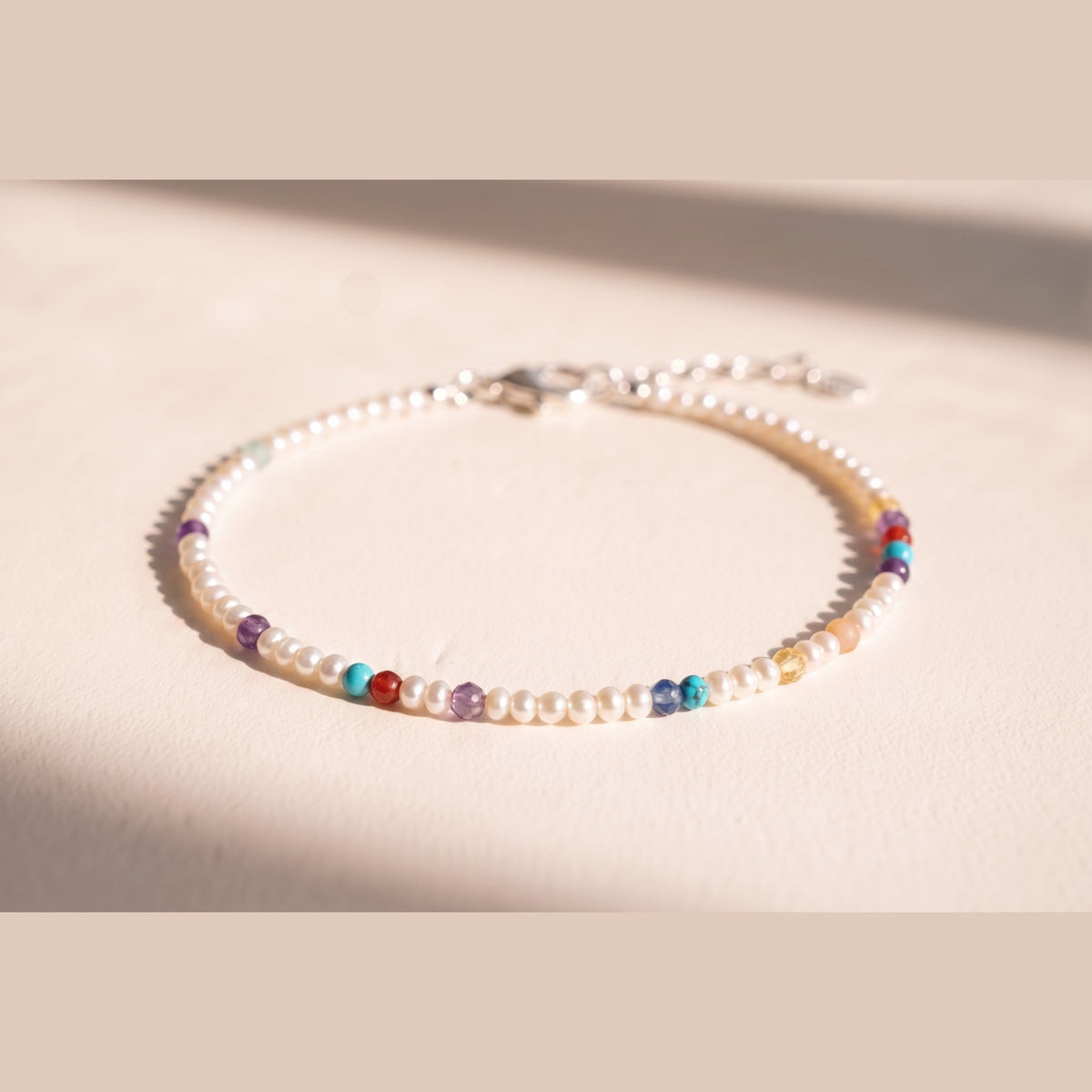 Pearl Clasp DNA Profile Bracelet, fine freshwater pearls with gemstone markers, lobster clasp and extension chain