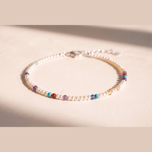 Pearl Clasp DNA Profile Bracelet, fine freshwater pearls with gemstone markers, lobster clasp and extension chain
