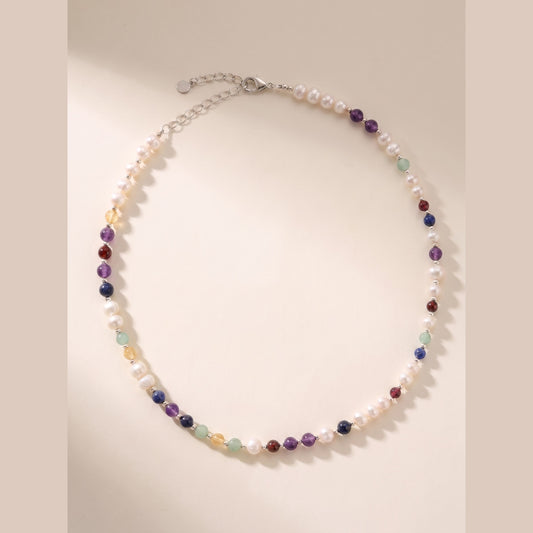 Pearl DNA Profile Necklace, gemstone markers set along a strand of freshwater pearls