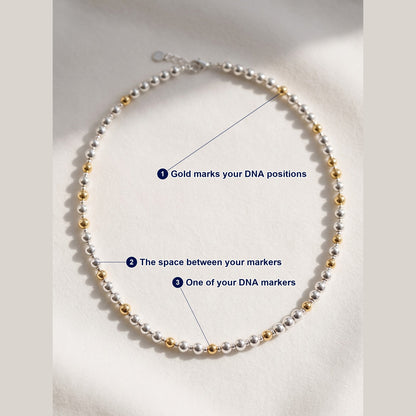 Silver and Gold Pattern DNA Profile Necklace photographed flat, with each part of the piece labelled.