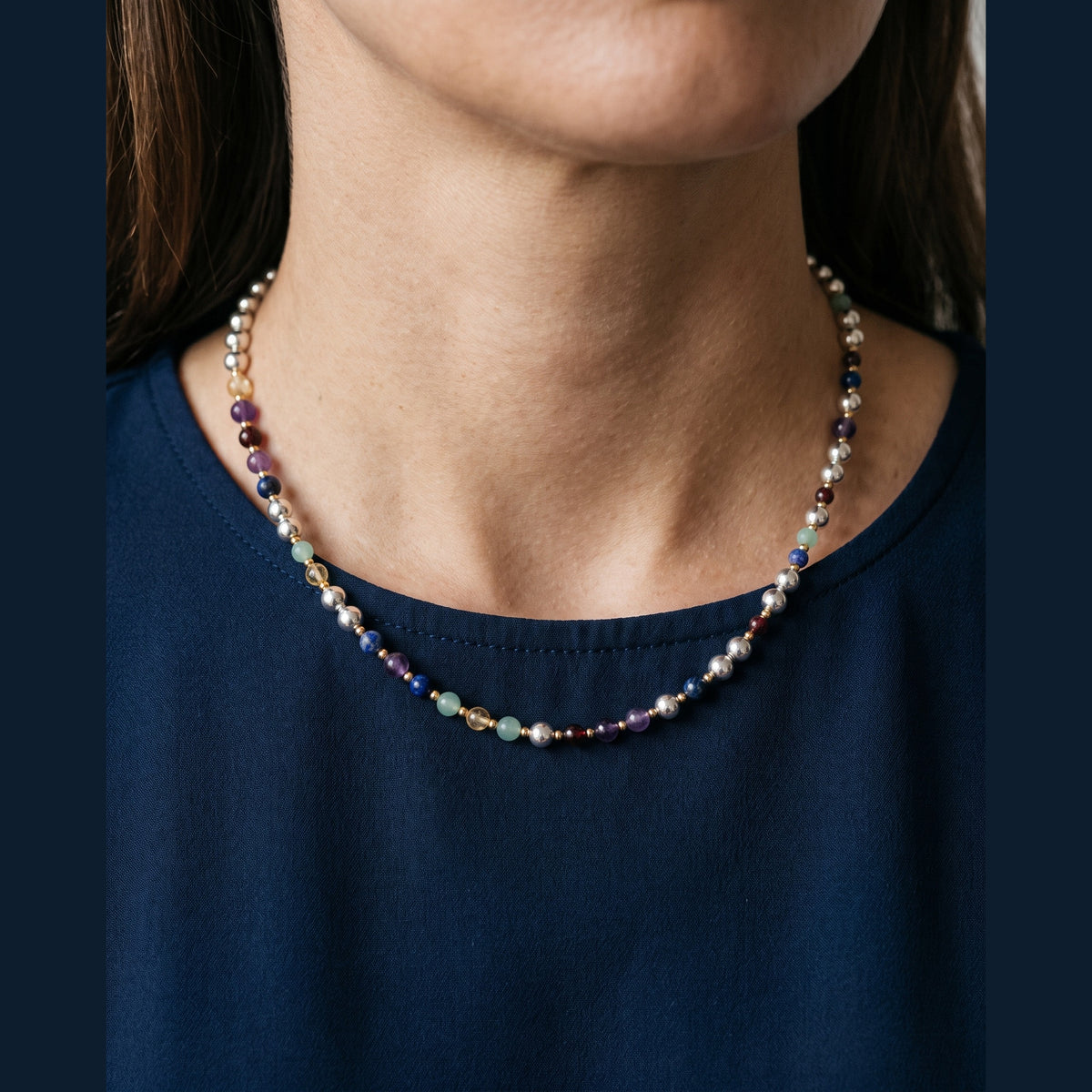 Silver Sphere Gold Accent DNA Profile Necklace worn on the neck