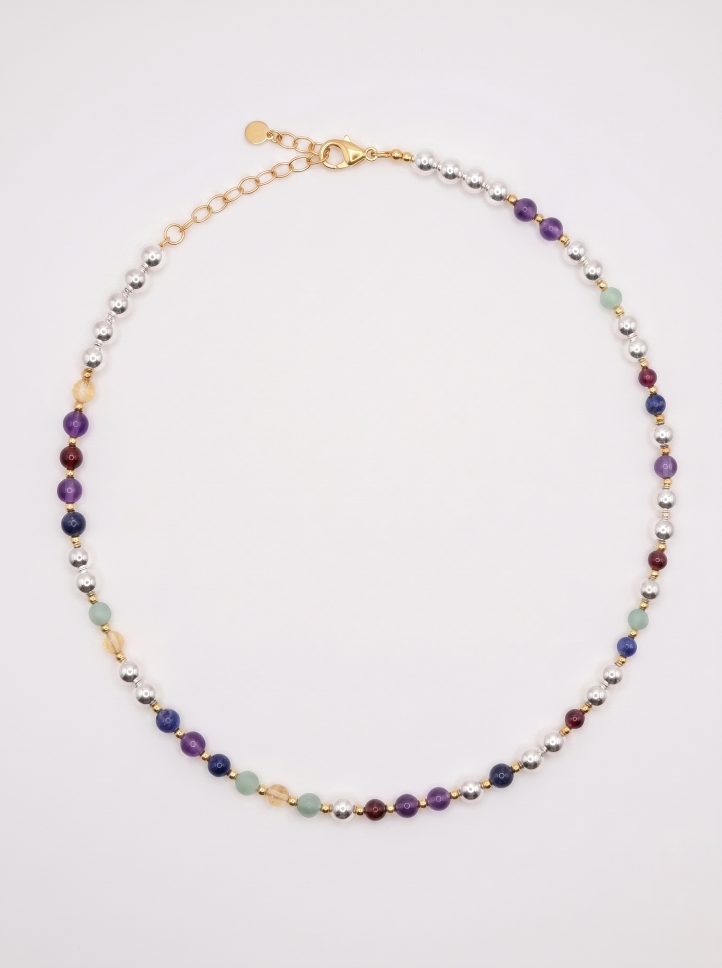 Silver Bead Gold Accent DNA Necklace with silver beads, gemstone markers and gold accents