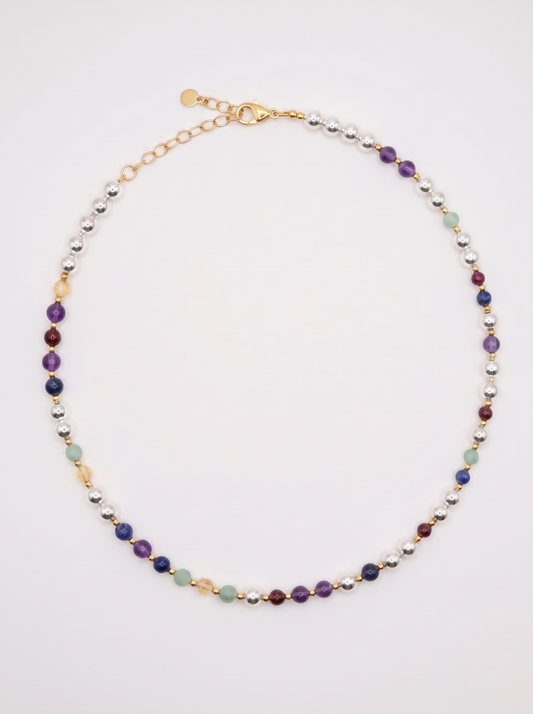 Silver Bead Gold Accent DNA Necklace with silver beads, gemstone markers and gold accents