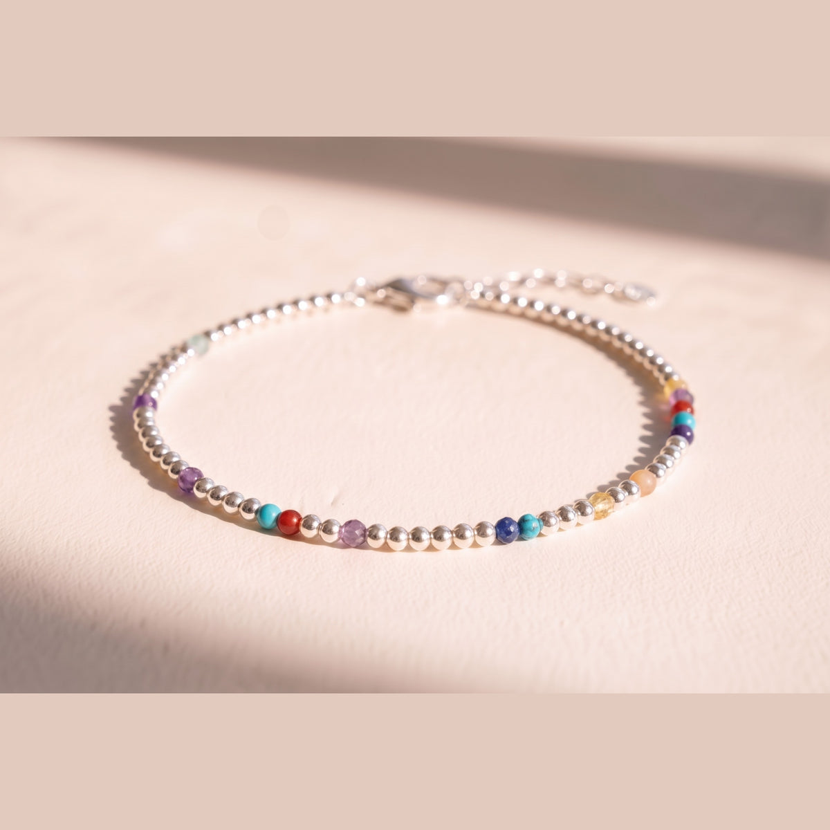 Silver Clasp DNA Profile Bracelet, fine 2mm sterling silver spheres with gemstone markers, lobster clasp and extension chain