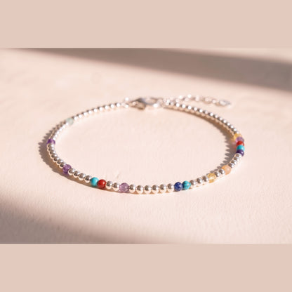 Silver Clasp DNA Profile Bracelet, fine 2mm sterling silver spheres with gemstone markers, lobster clasp and extension chain