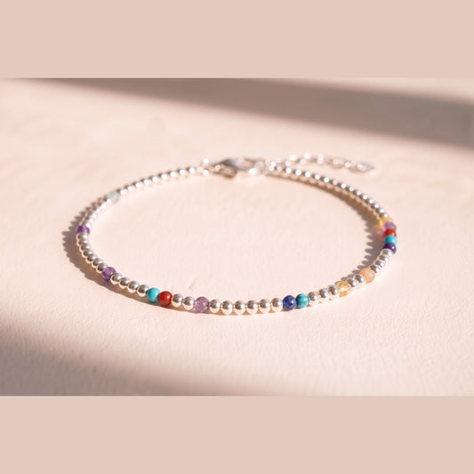 Silver Clasp DNA Profile Bracelet, fine 2mm sterling silver spheres with gemstone markers, lobster clasp and extension chain