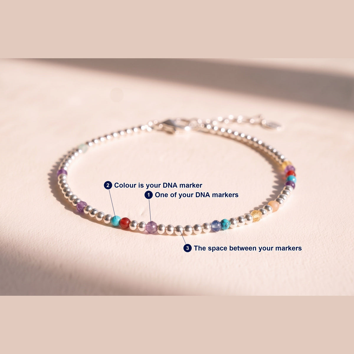 Silver Clasp DNA Profile Bracelet photographed flat, with each part of the piece labelled.