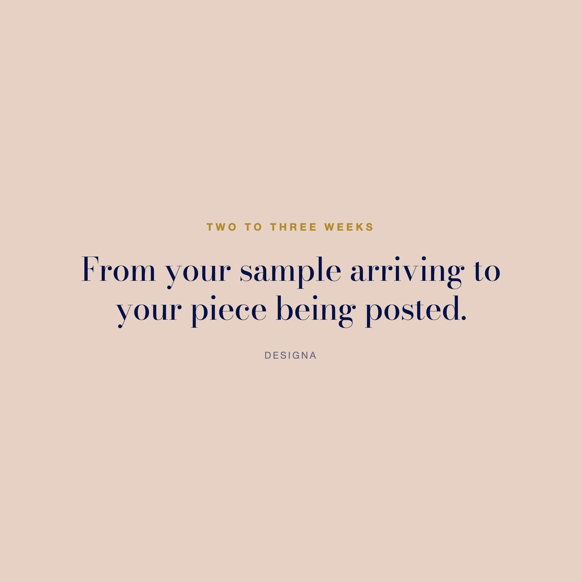 DesigNA card. Two to three weeks: From your sample arriving to your piece being posted.