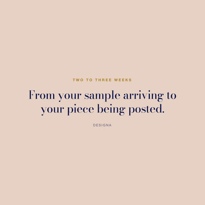 DesigNA card. Two to three weeks: From your sample arriving to your piece being posted.