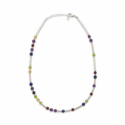 Silver DNA Profile Necklace laid flat in an oval loop on a white background