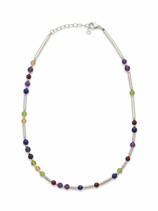 Silver DNA Profile Necklace laid flat in an oval loop on a white background