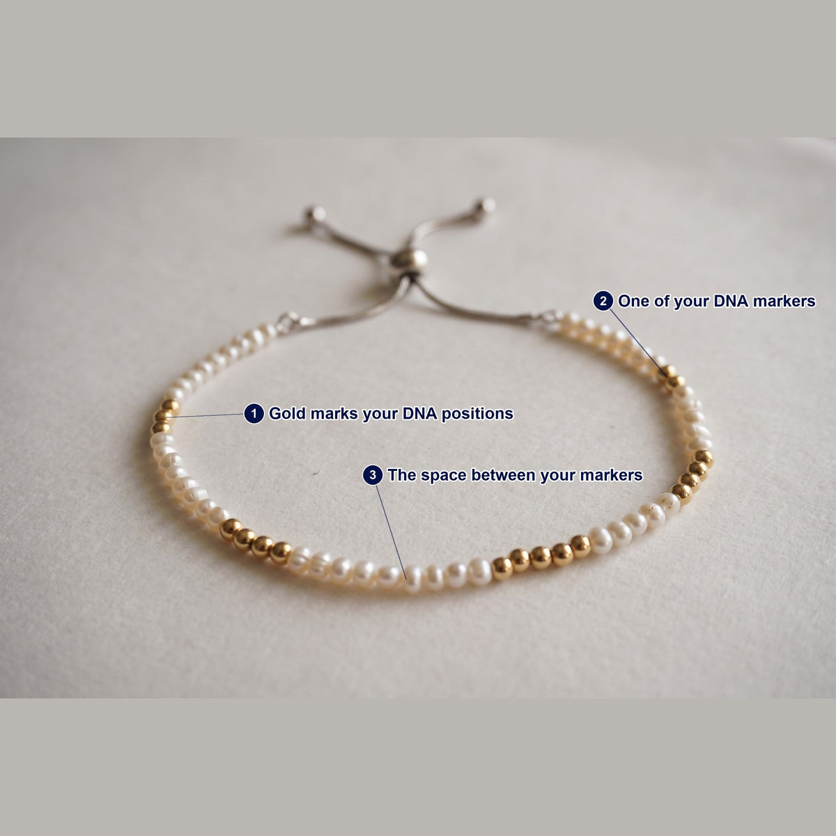 Spider Pearl and Gold DNA Profile Bracelet photographed flat, with each part of the piece labelled.