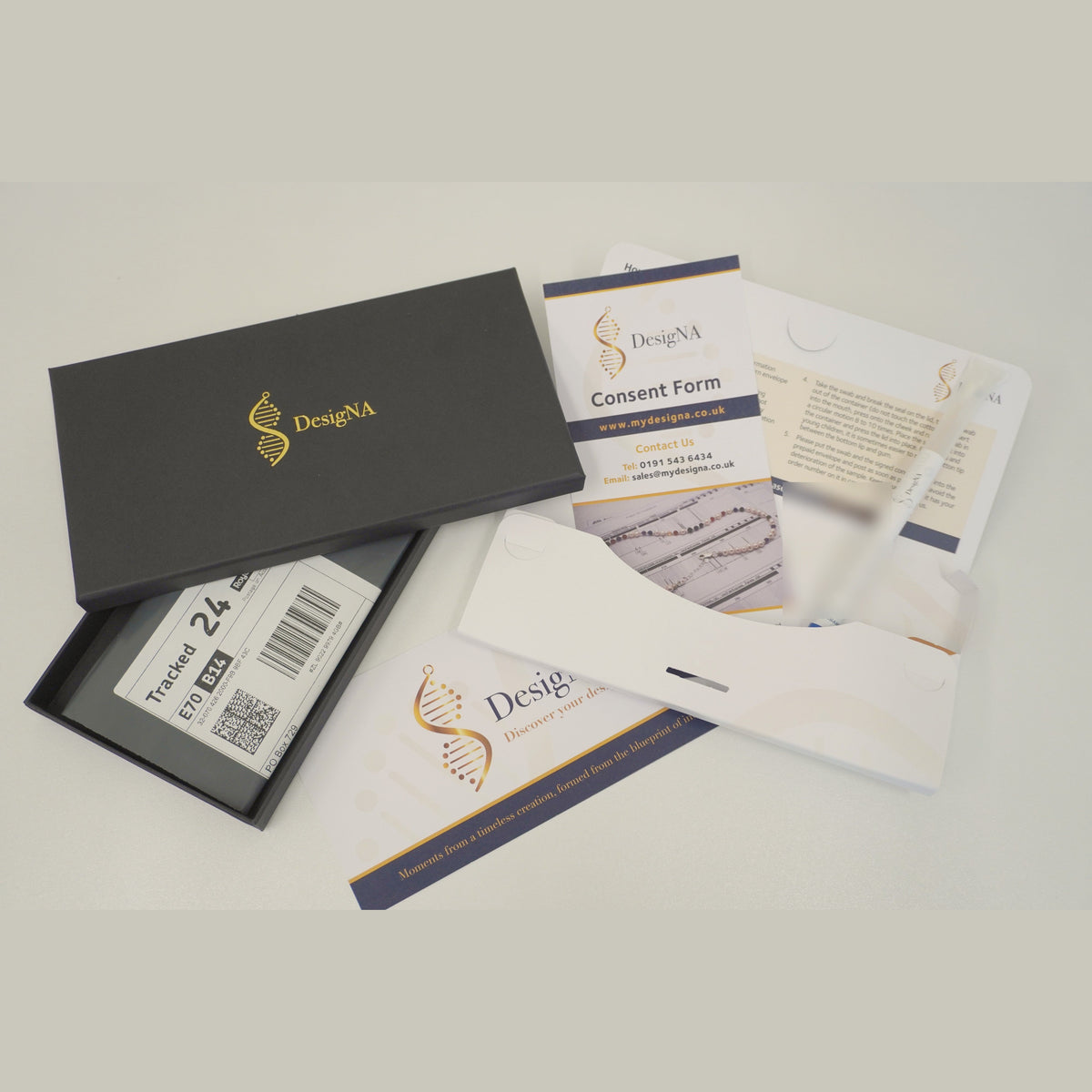Your first delivery: the DesigNA DNA collection kit with cheek swab, consent form and prepaid tracked return envelope