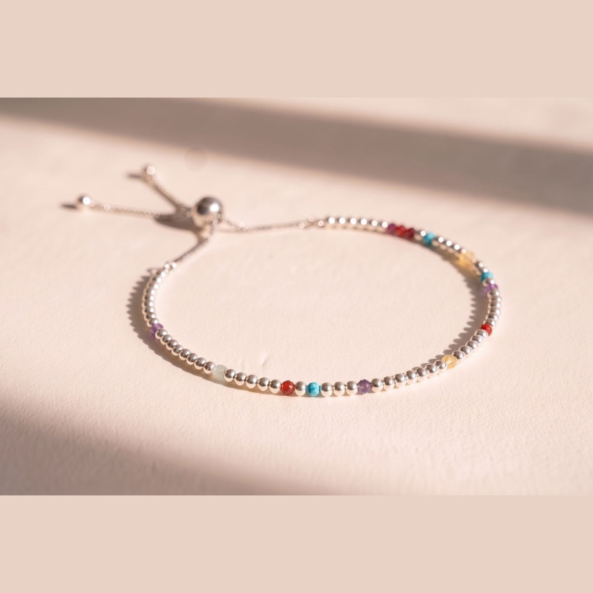 Spider Silver Clasp DNA Profile Bracelet, fine 2mm sterling silver spheres with gemstone markers and an adjustable slider clasp