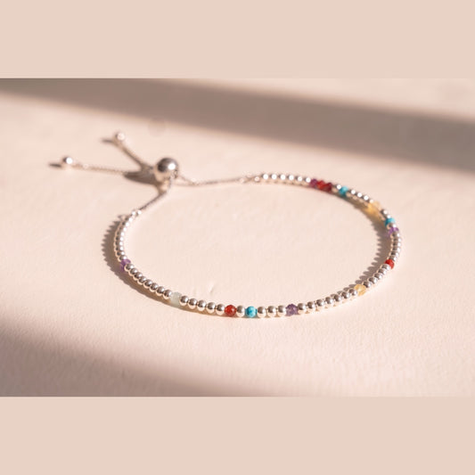 Spider Silver Clasp DNA Profile Bracelet, fine 2mm sterling silver spheres with gemstone markers and an adjustable slider clasp