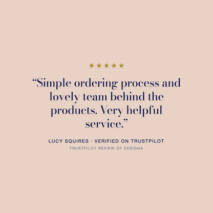 Five star Trustpilot review of DesigNA from Lucy Squires: “Simple ordering process and lovely team behind the products. Very helpful service.”