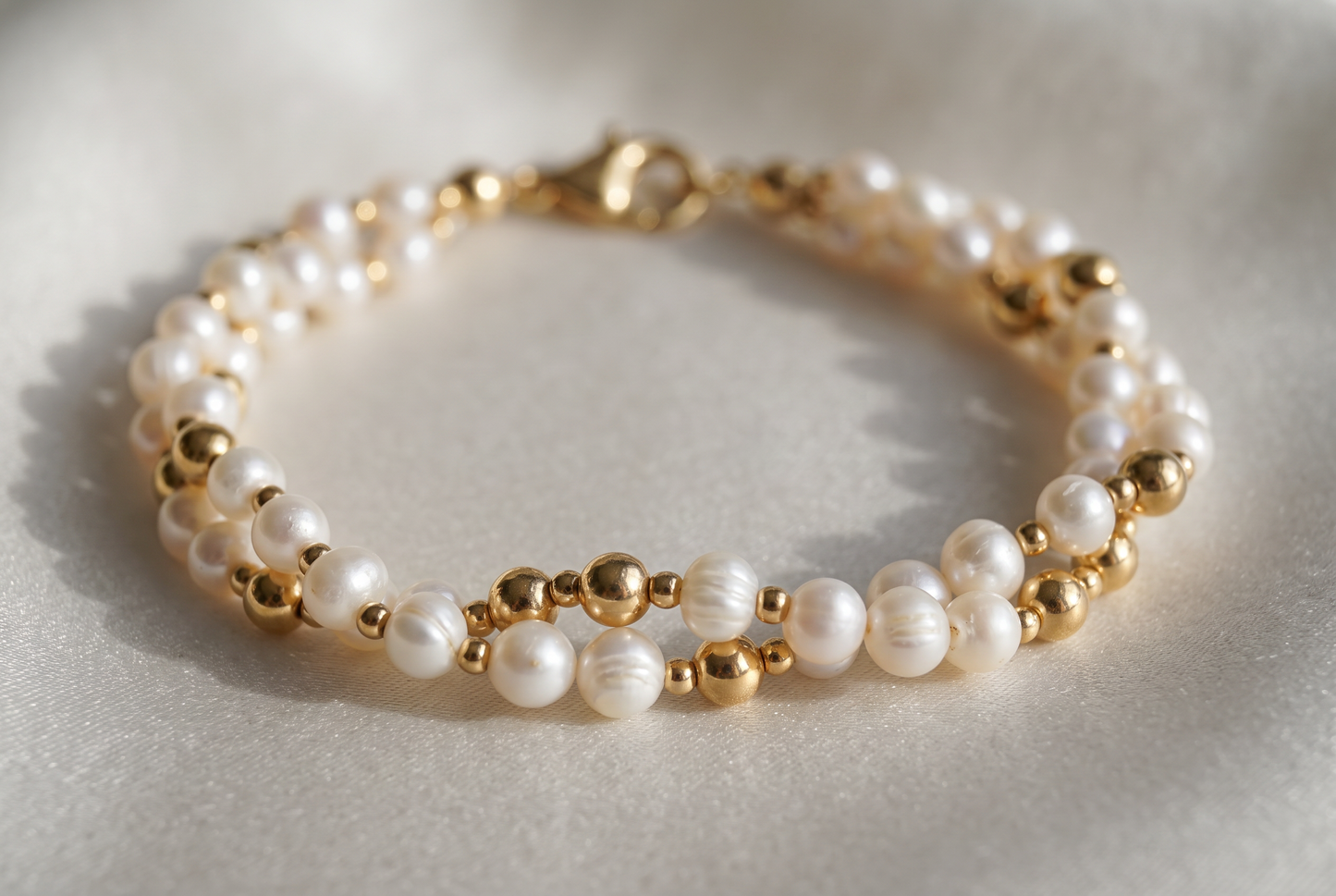 Twisted Pearl and Gold Bracelet, pearl rope with gold marker beads