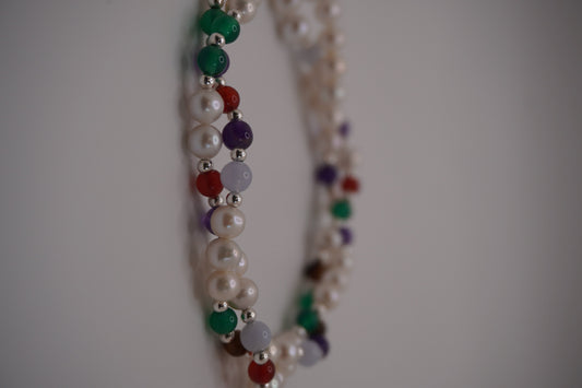 Twisted Pearl Bracelet coiled, two strands of pearls and silver beads wound into a rope