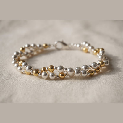 Twisted Silver and Gold DNA Profile Bracelet, silver sphere rope with gold markers