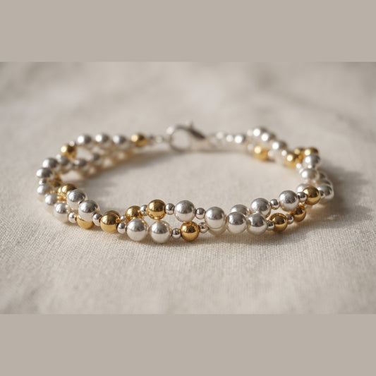 Twisted Silver and Gold DNA Profile Bracelet, silver sphere rope with gold markers