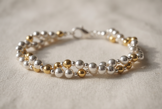 Twisted Silver and Gold Bracelet, silver bead rope with gold marker beads