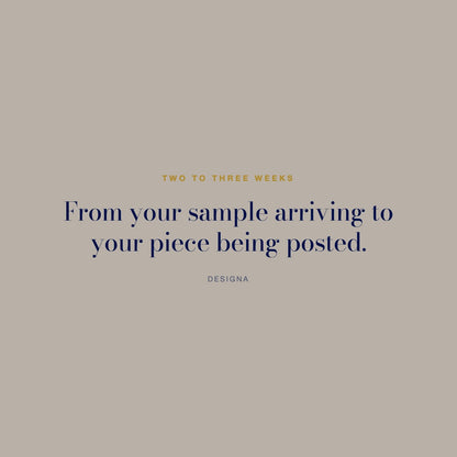DesigNA card. Two to three weeks: From your sample arriving to your piece being posted.