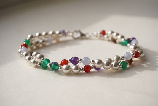 Twisted Silver Bracelet, two strands of silver beads and gemstone markers wound into a rope