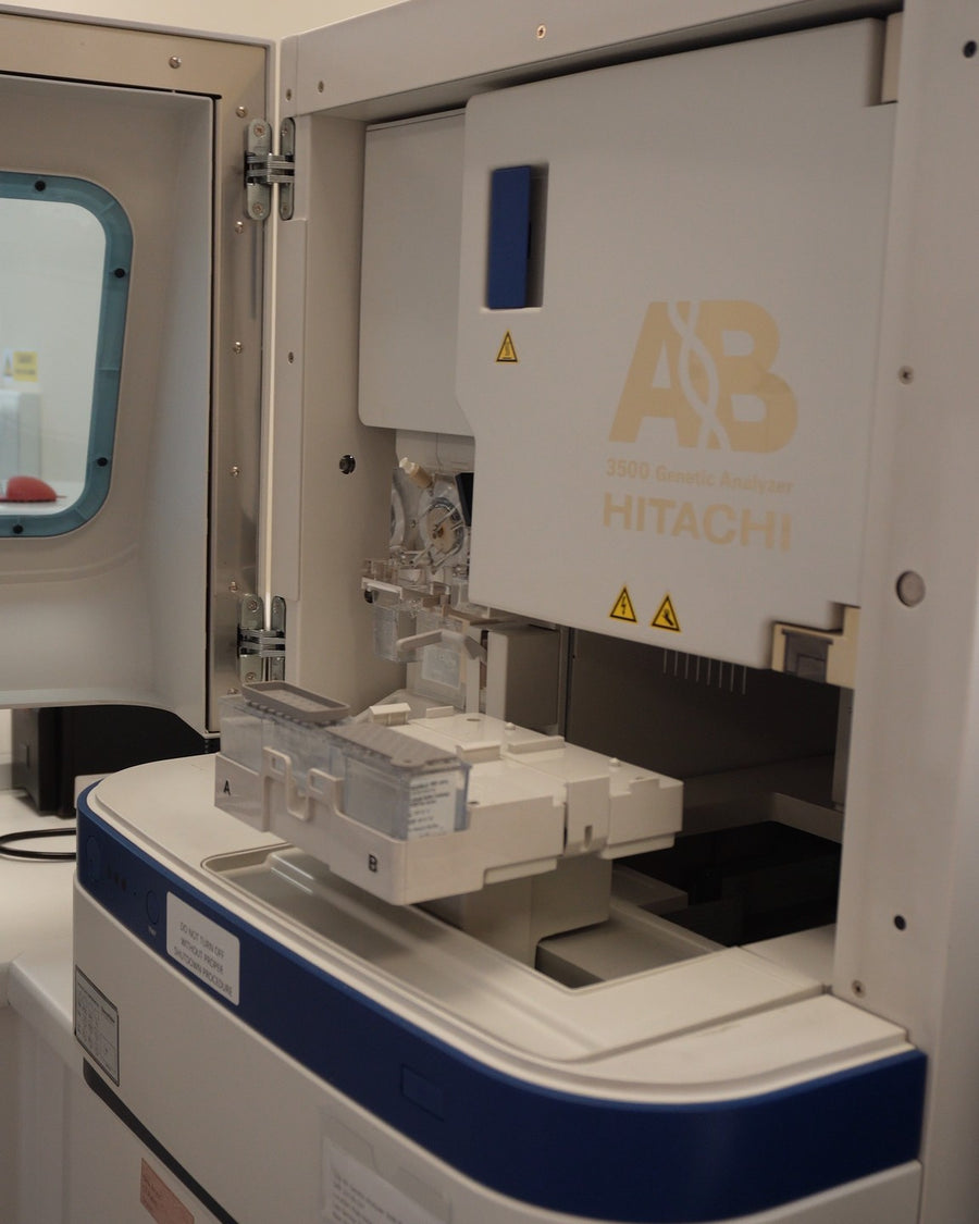 The genetic analyser at our partner laboratory, loaded with sample plates, the machine that reads the 23 markers