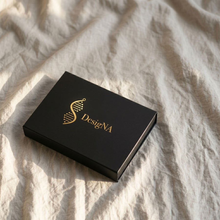 The closed black DesigNA presentation box with gold helix on cream linen
