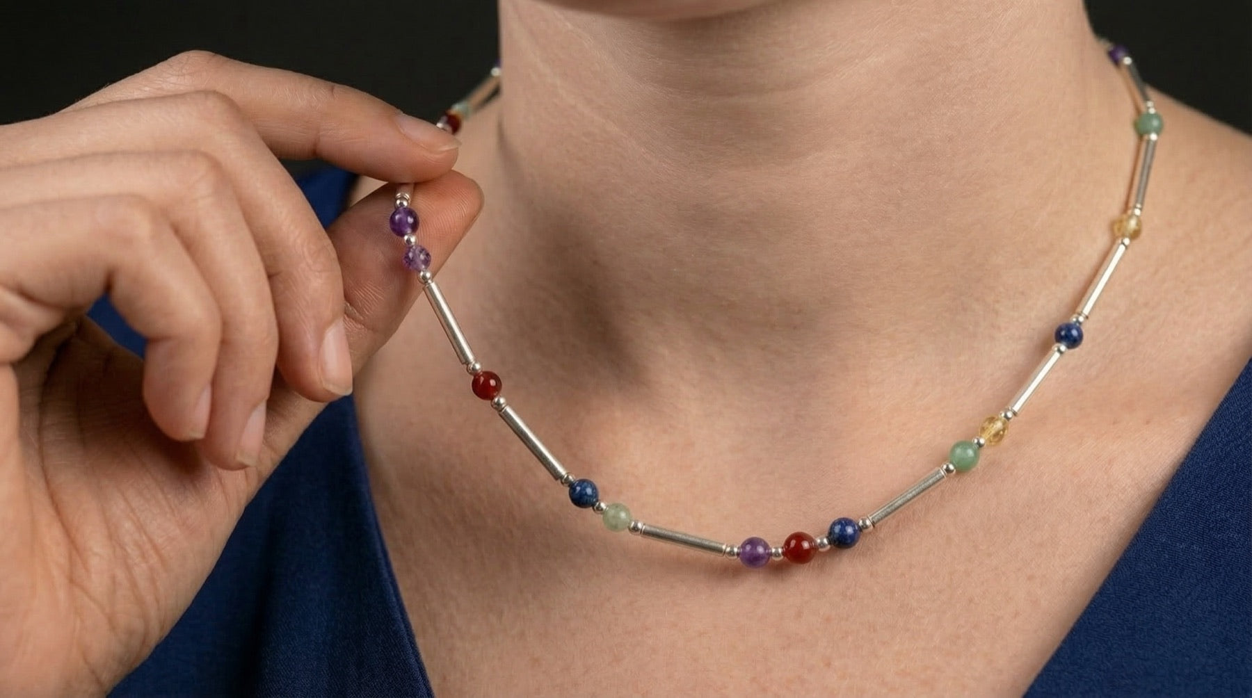 Silver DNA Profile Necklace worn on the neck